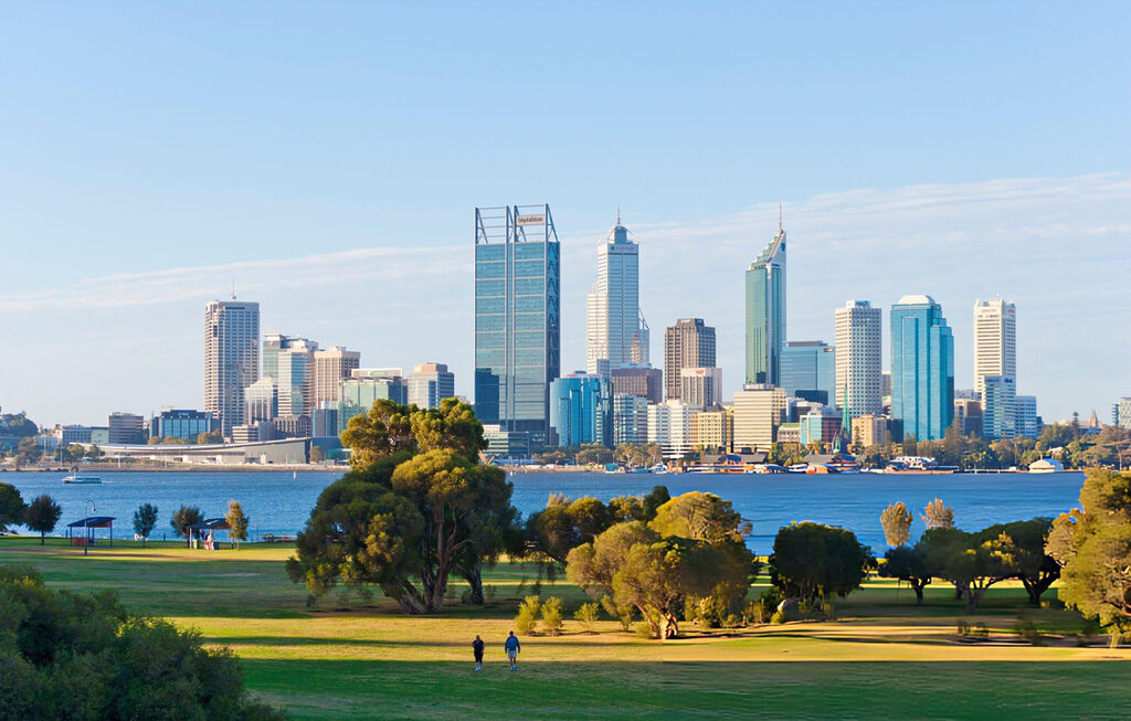 City skyline by the waterfront.