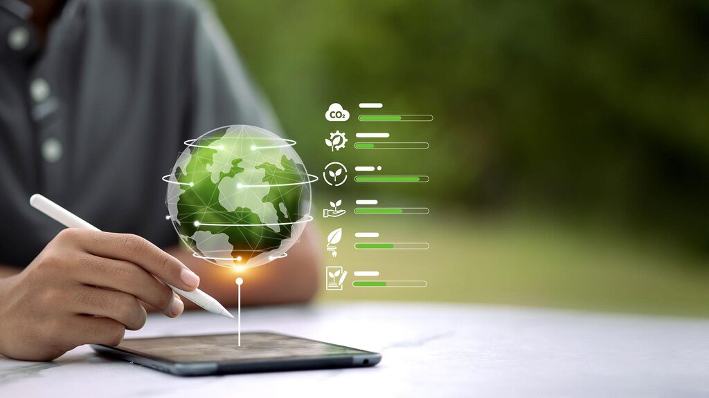 Digital ESG dashboard showing climate risk data, CO2 emissions tracking and sustainability metrics for CSRD compliance