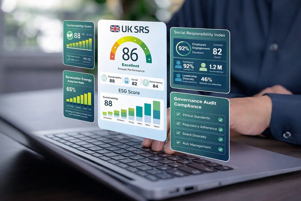 ESG reporting dashboard showing sustainability score, governance compliance and structured data for UK Sustainability Reporting Standards