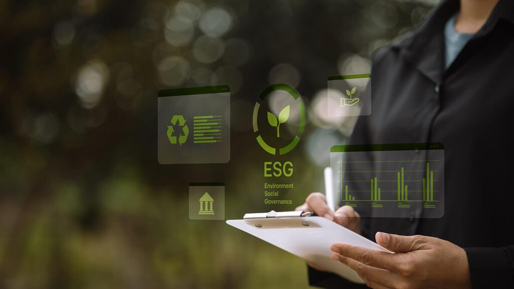 Climate data dashboard showing ESG metrics integrated with financial analytics in a corporate environment